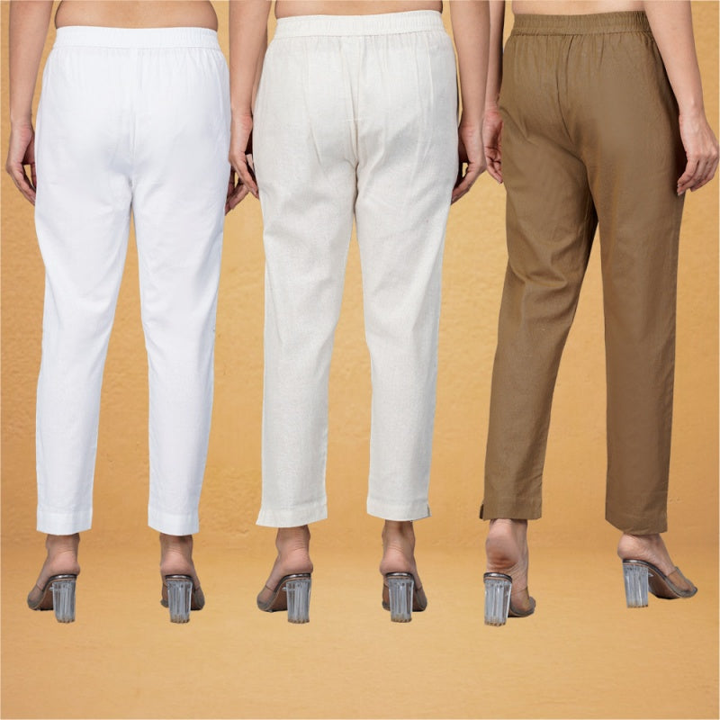 Combo of 3 Cotton Beige Brown and White Women Regular Fit Solid Trousers-43437