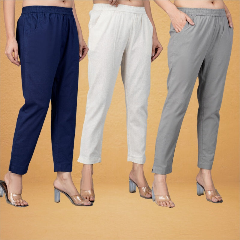 Combo of 3 Cotton Beige Gray and Navy Blue Women Regular Fit Solid Trousers-43317