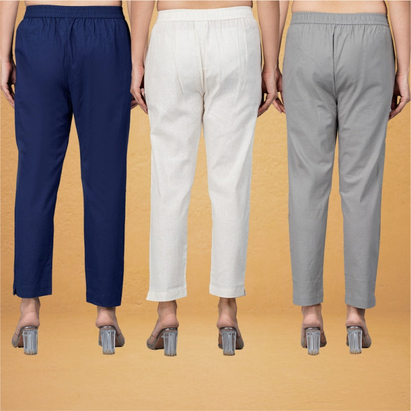 Combo of 3 Cotton Beige Gray and Navy Blue Women Regular Fit Solid Trousers-43317