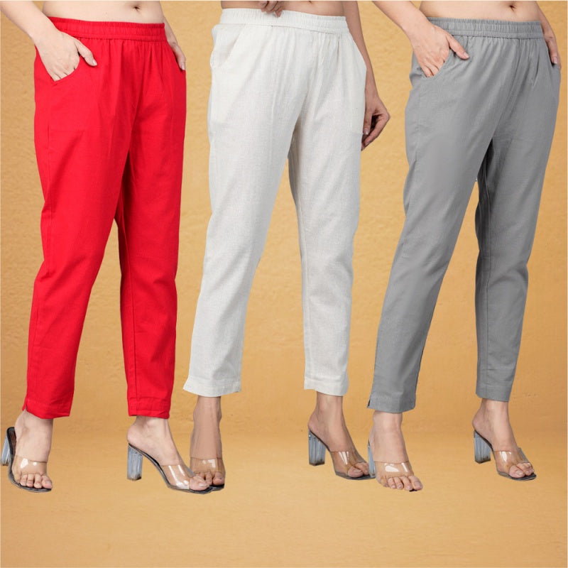Combo of 3 Cotton Beige Gray and Red Women Regular Fit Solid Trousers-43427