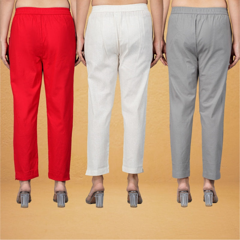 Combo of 3 Cotton Beige Gray and Red Women Regular Fit Solid Trousers-43427