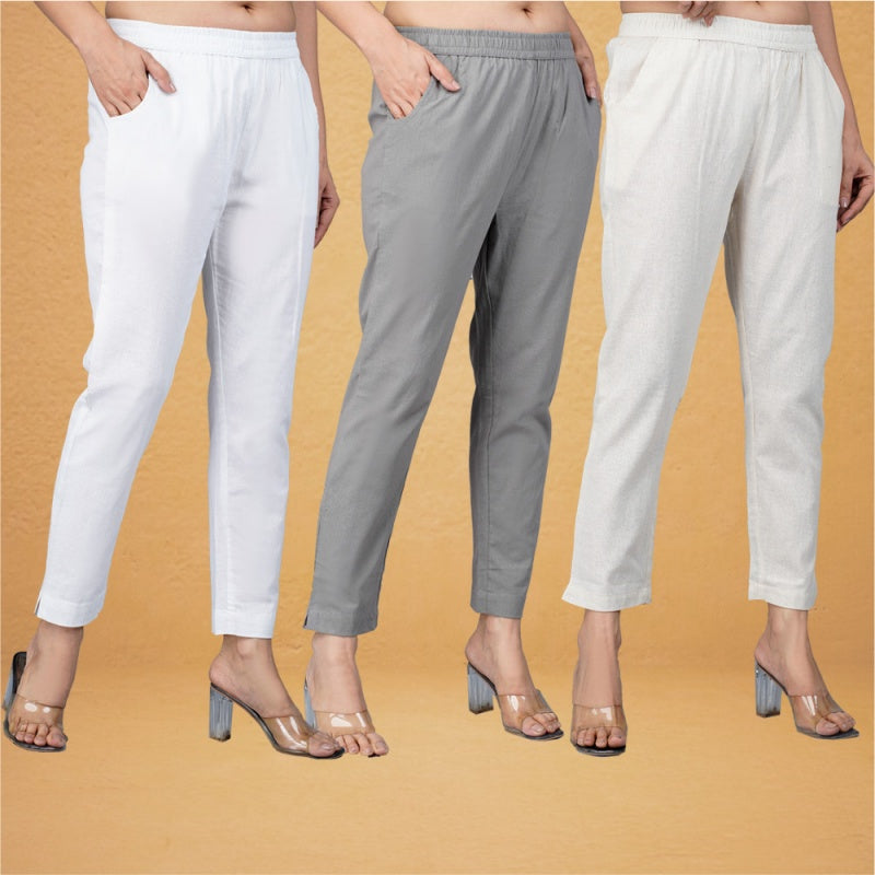 Combo of 3 Cotton Beige Gray and White Women Regular Fit Solid Trousers-43436