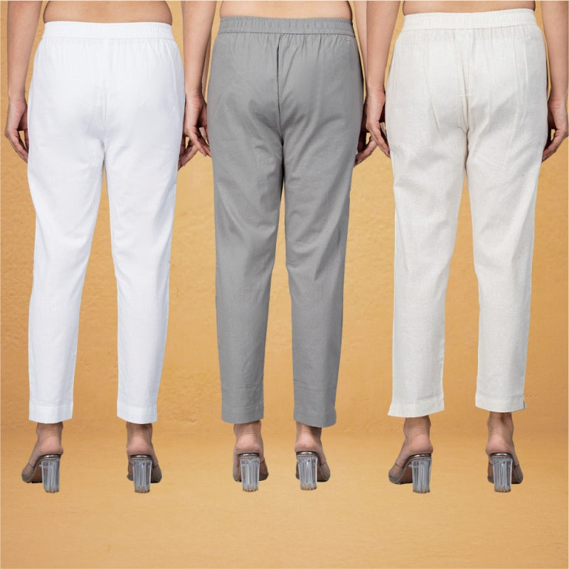 Combo of 3 Cotton Beige Gray and White Women Regular Fit Solid Trousers-43436