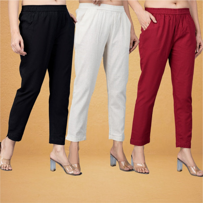 Combo of 3 Cotton Beige Maroon and Black Women Regular Fit Solid Trousers-43252