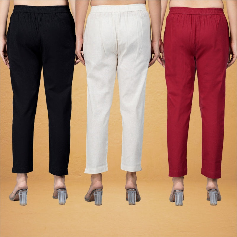 Combo of 3 Cotton Beige Maroon and Black Women Regular Fit Solid Trousers-43252