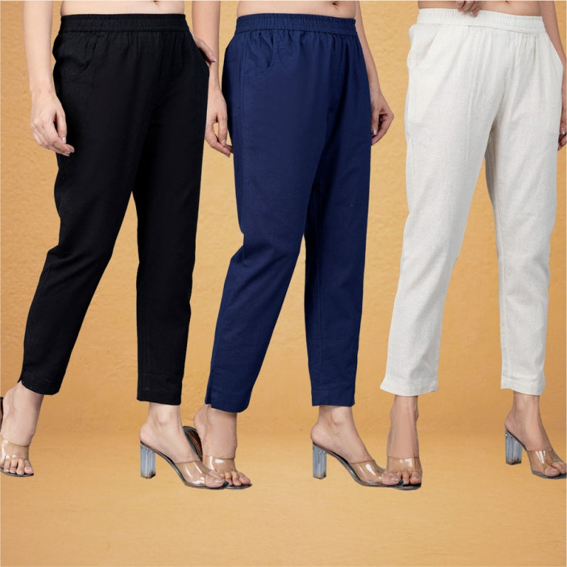 Combo of 3 Cotton Beige Navy Blue and Black Women Regular Fit Solid Trousers-43228