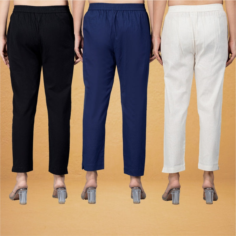 Combo of 3 Cotton Beige Navy Blue and Black Women Regular Fit Solid Trousers-43228