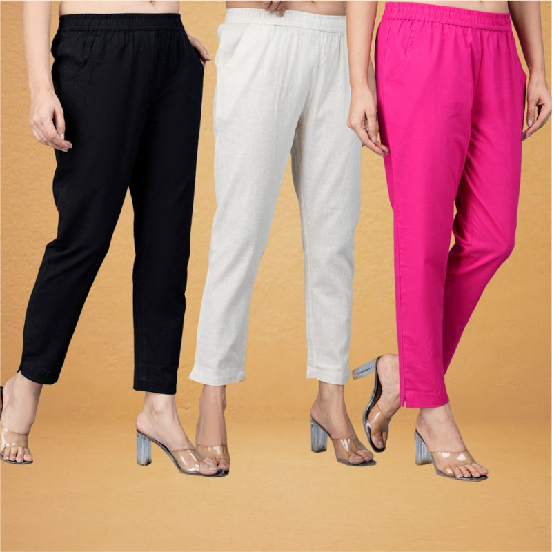 Combo of 3 Cotton Beige Pink and Black Women Regular Fit Solid Trousers-43267