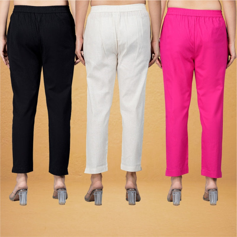 Combo of 3 Cotton Beige Pink and Black Women Regular Fit Solid Trousers-43267
