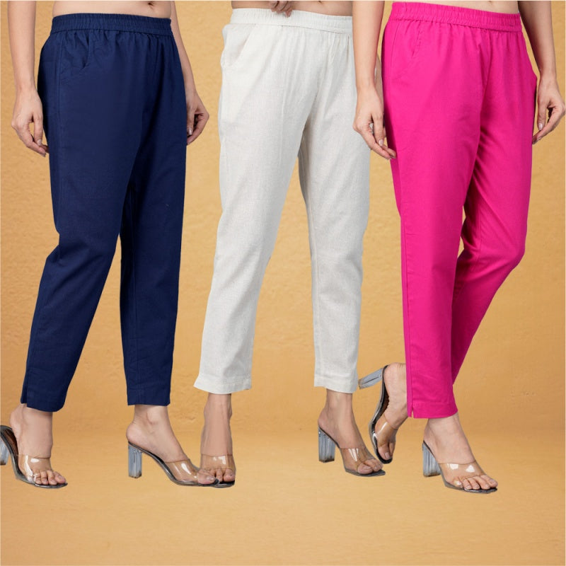 Combo of 3 Cotton Beige Pink and Navy Blue Women Regular Fit Solid Trousers-43312