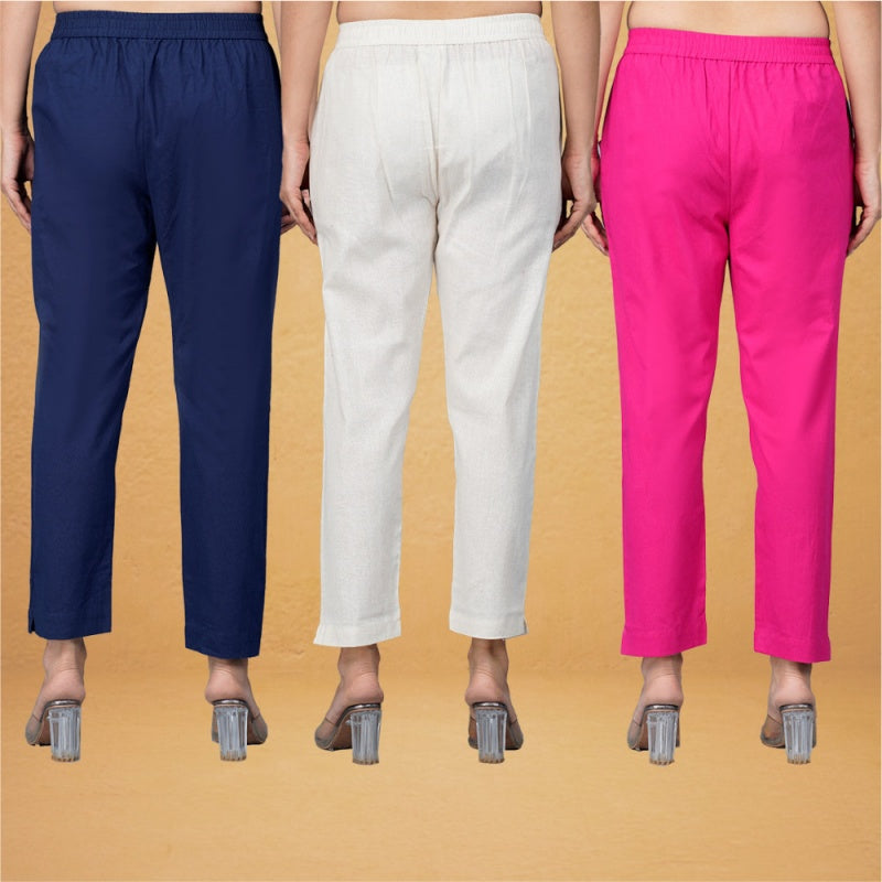 Combo of 3 Cotton Beige Pink and Navy Blue Women Regular Fit Solid Trousers-43312