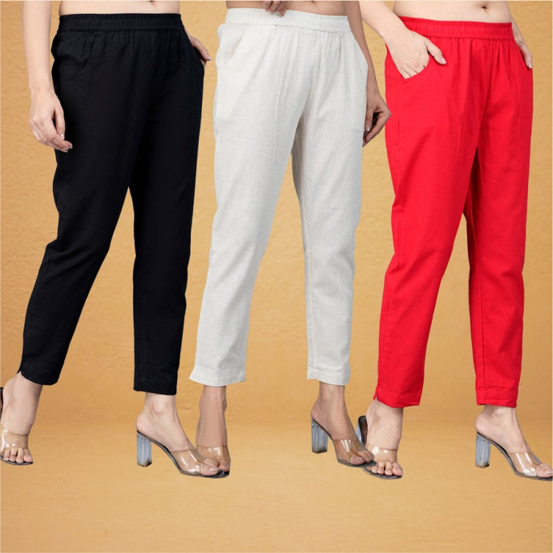 Combo of 3 Cotton Beige Red and Black Women Regular Fit Solid Trousers-43263
