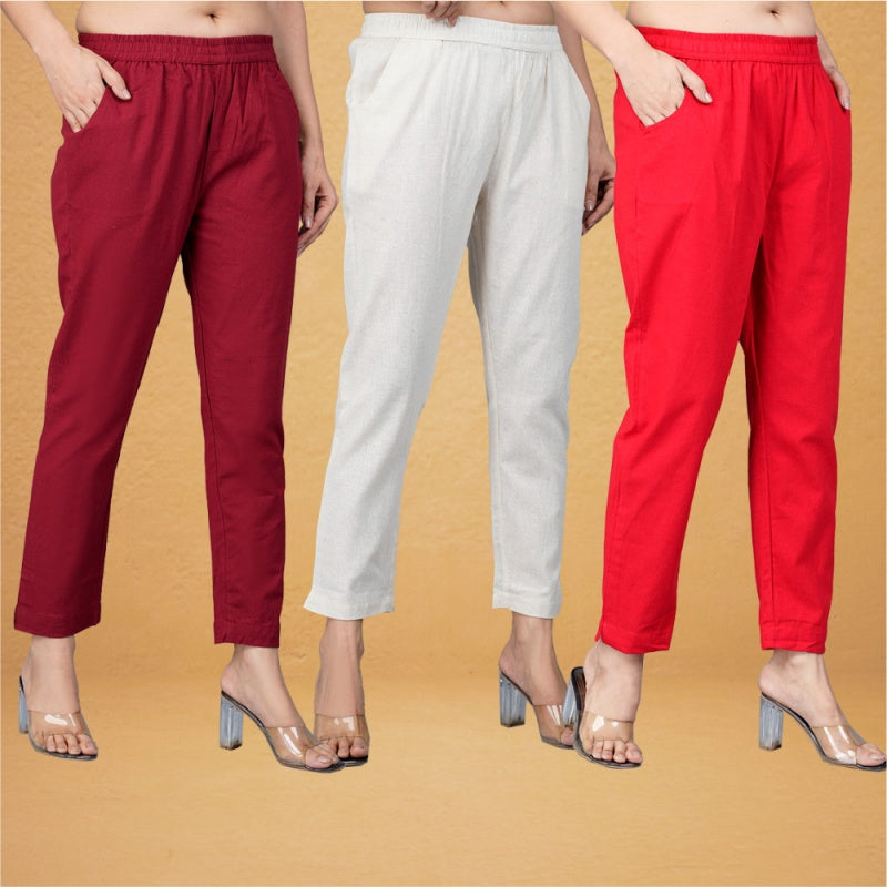 Combo of 3 Cotton Beige Red and Maroon Women Regular Fit Solid Trousers-43393