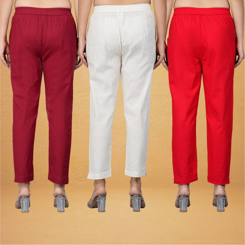 Combo of 3 Cotton Beige Red and Maroon Women Regular Fit Solid Trousers-43393