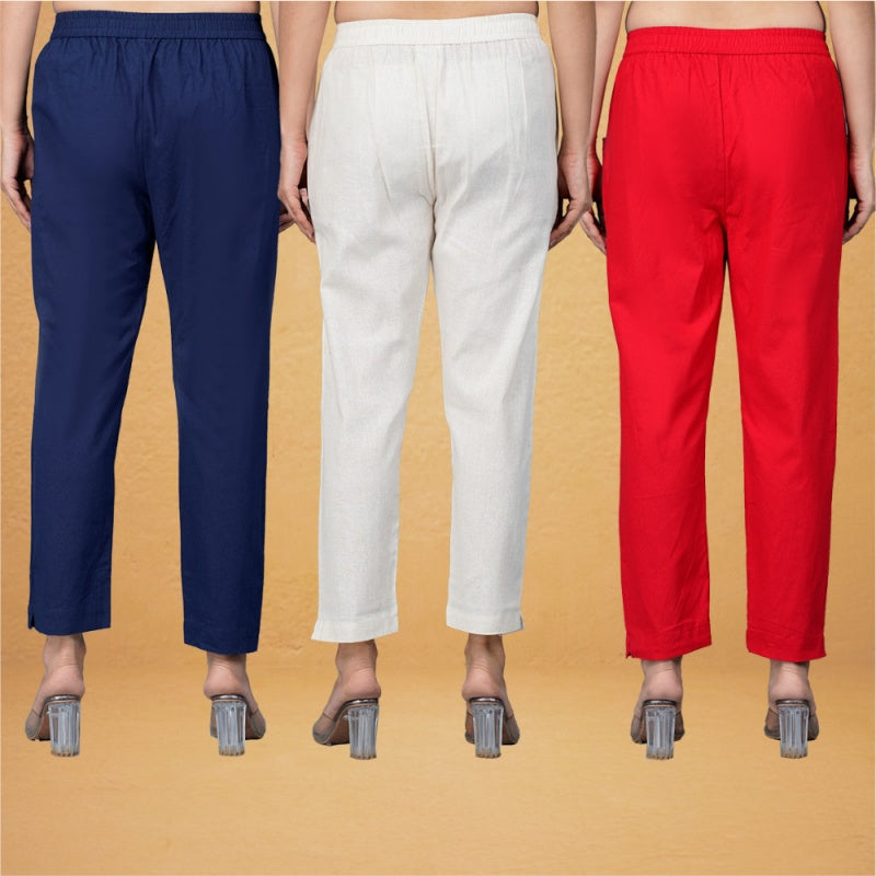 Combo of 3 Cotton Beige Red and Navy Blue Women Regular Fit Solid Trousers-43308