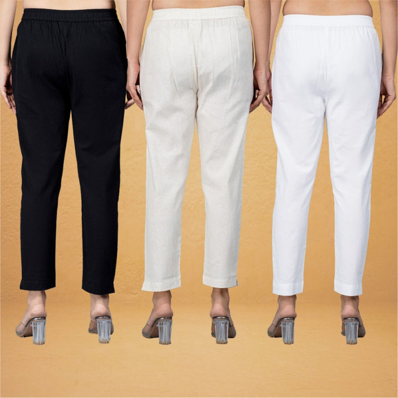 Combo of 3 Cotton Beige White and Black Women Regular Fit Solid Trousers-43270