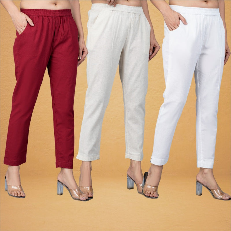 Combo of 3 Cotton Beige White and Maroon Women Regular Fit Solid Trousers-43400