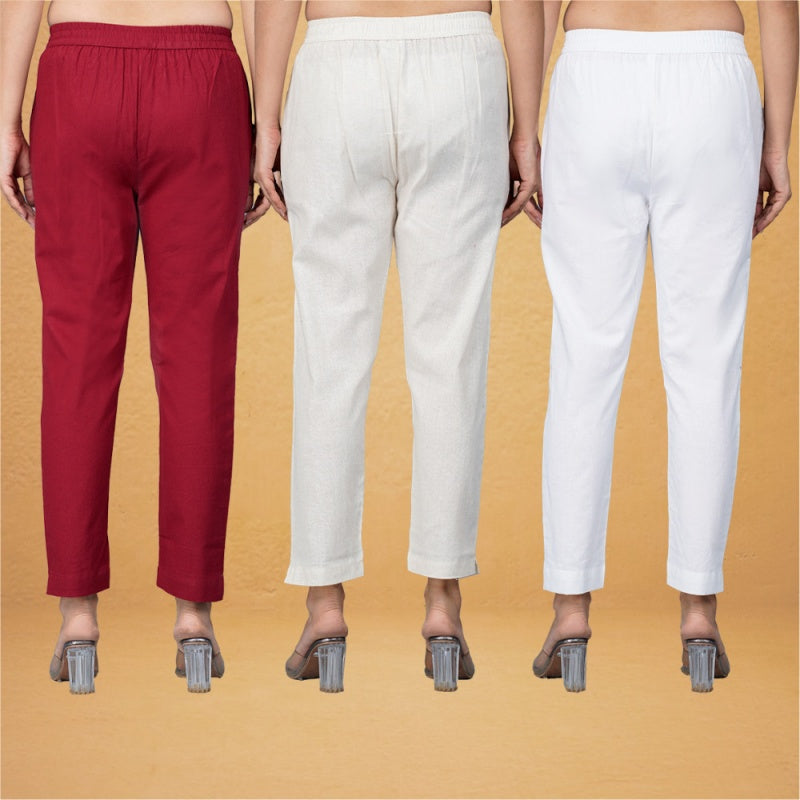 Combo of 3 Cotton Beige White and Maroon Women Regular Fit Solid Trousers-43400