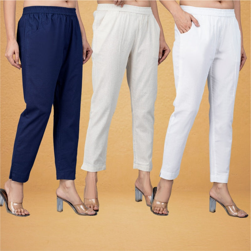 Combo of 3 Cotton Beige White and Navy Blue Women Regular Fit Solid Trousers-43315