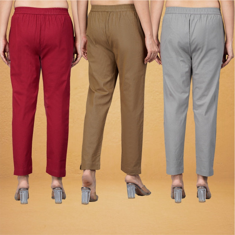 Combo of 3 Cotton Brown Gray and Maroon Women Regular Fit Solid Trousers-43401