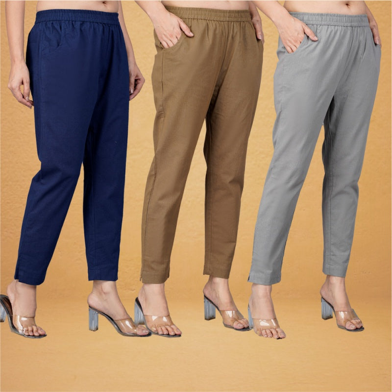 Combo of 3 Cotton Brown Gray and Navy Blue Women Regular Fit Solid Trousers-43316