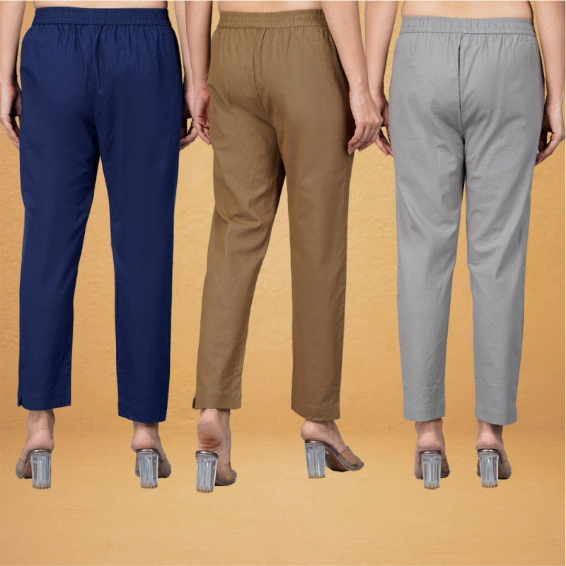 Combo of 3 Cotton Brown Gray and Navy Blue Women Regular Fit Solid Trousers-43316