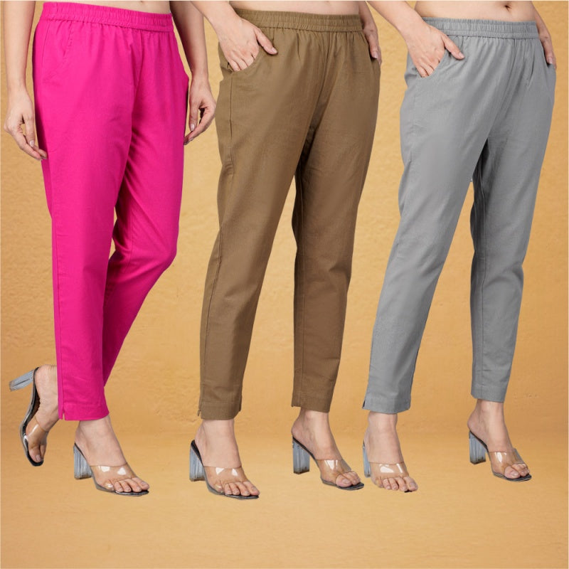 Combo of 3 Cotton Brown Gray and Pink Women Regular Fit Solid Trousers-43432