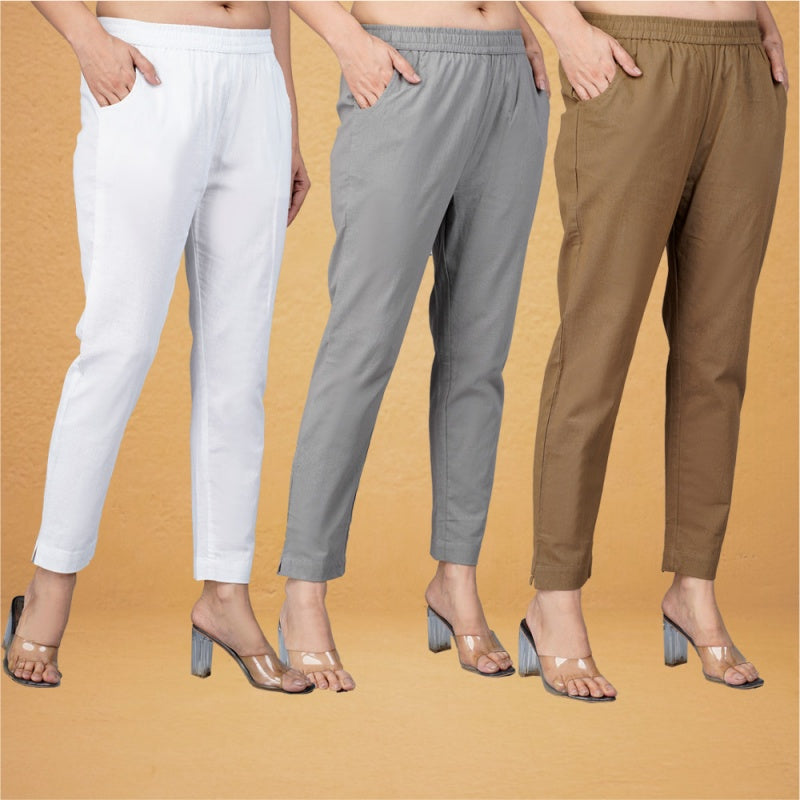 Combo of 3 Cotton Brown Gray and White Women Regular Fit Solid Trousers-43435