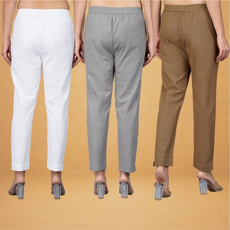 Combo of 3 Cotton Brown Gray and White Women Regular Fit Solid Trousers-43435