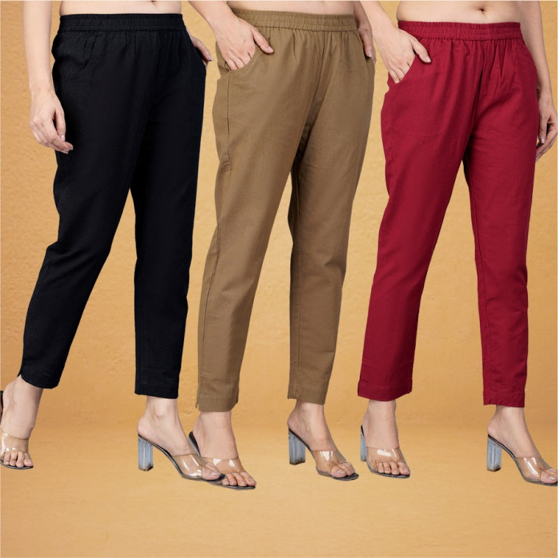 Combo of 3 Cotton Brown Maroon and Black Women Regular Fit Solid Trousers-43251