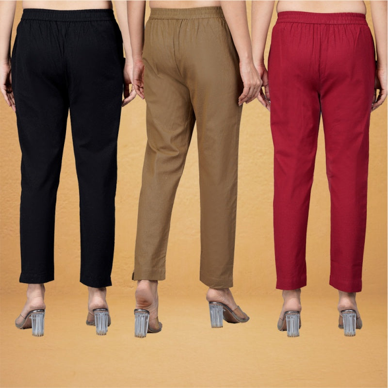 Combo of 3 Cotton Brown Maroon and Black Women Regular Fit Solid Trousers-43251