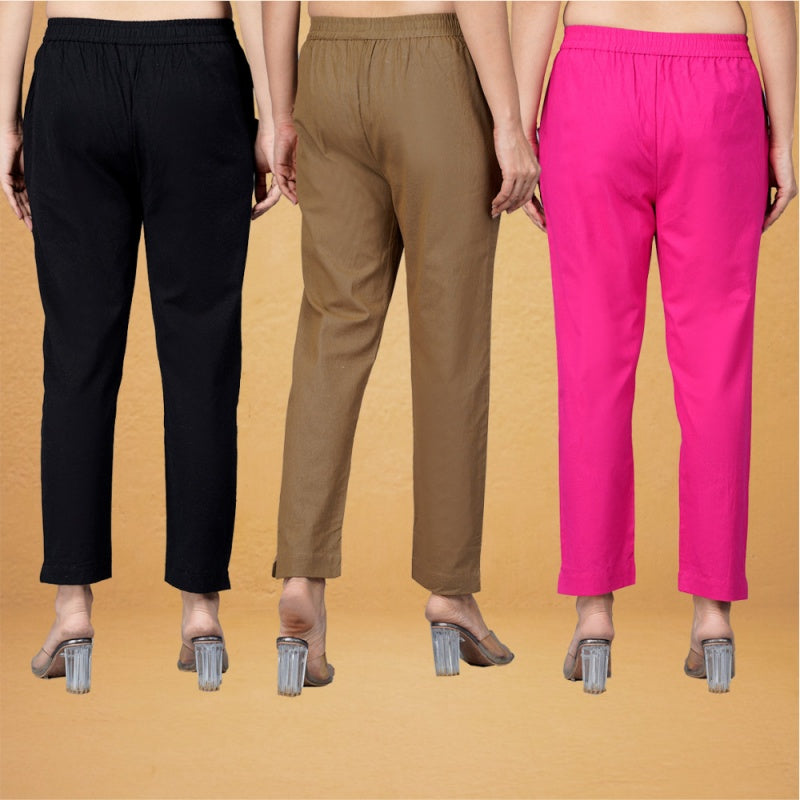 Combo of 3 Cotton Gray Pink and Black Women Regular Fit Solid Trousers-43265