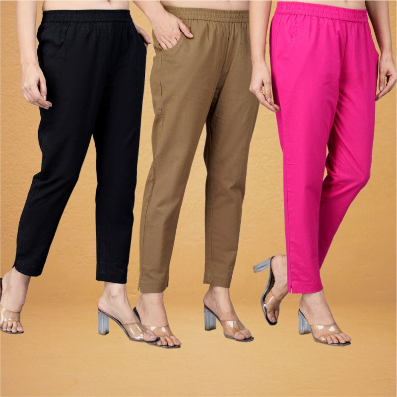 Combo of 3 Cotton Gray Pink and Black Women Regular Fit Solid Trousers-43265