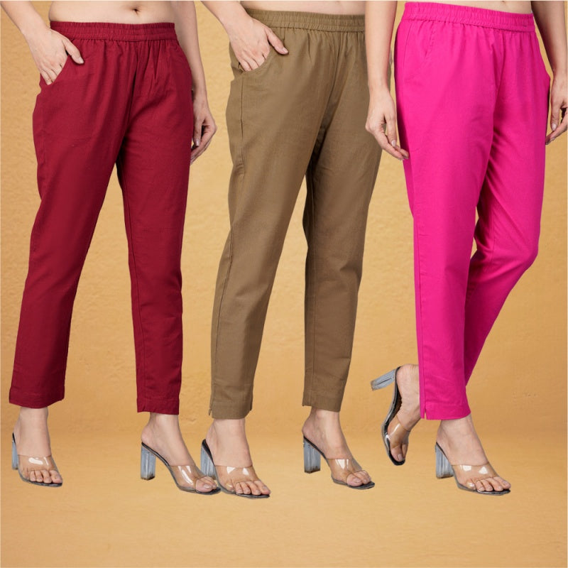 Combo of 3 Cotton Brown Pink and Maroon Women Regular Fit Solid Trousers-43396