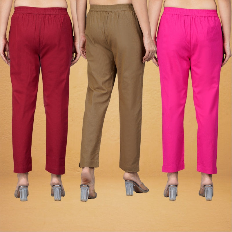 Combo of 3 Cotton Brown Pink and Maroon Women Regular Fit Solid Trousers-43396