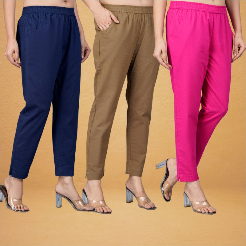 Combo of 3 Cotton Brown Pink and Navy Blue Women Regular Fit Solid Trousers-43311
