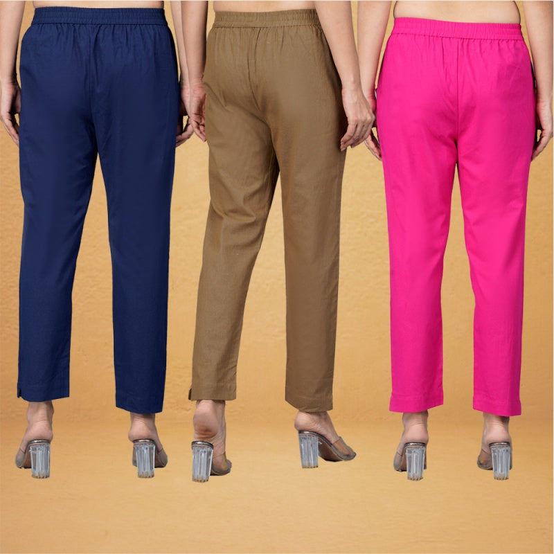 Combo of 3 Cotton Brown Pink and Navy Blue Women Regular Fit Solid Trousers-43311