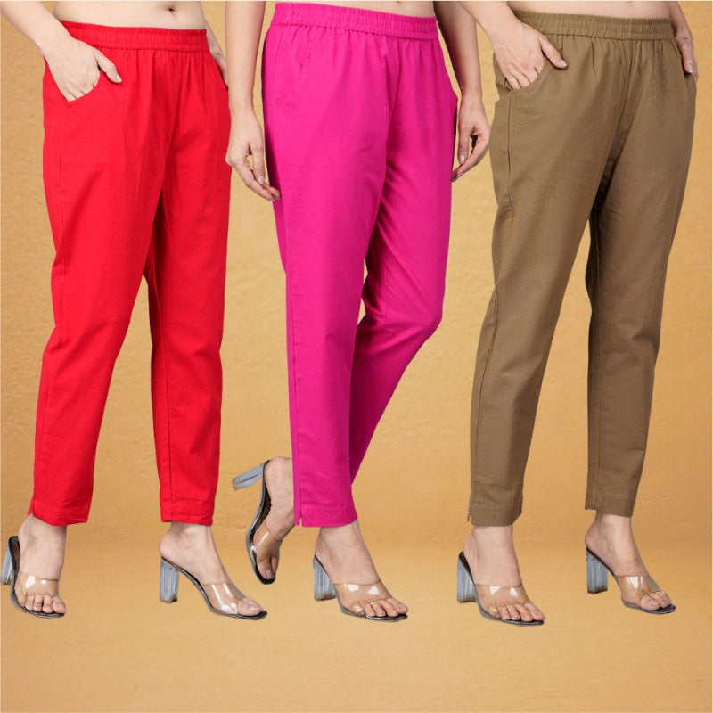 Combo of 3 Cotton Brown Pink and Red Women Regular Fit Solid Trousers-43421