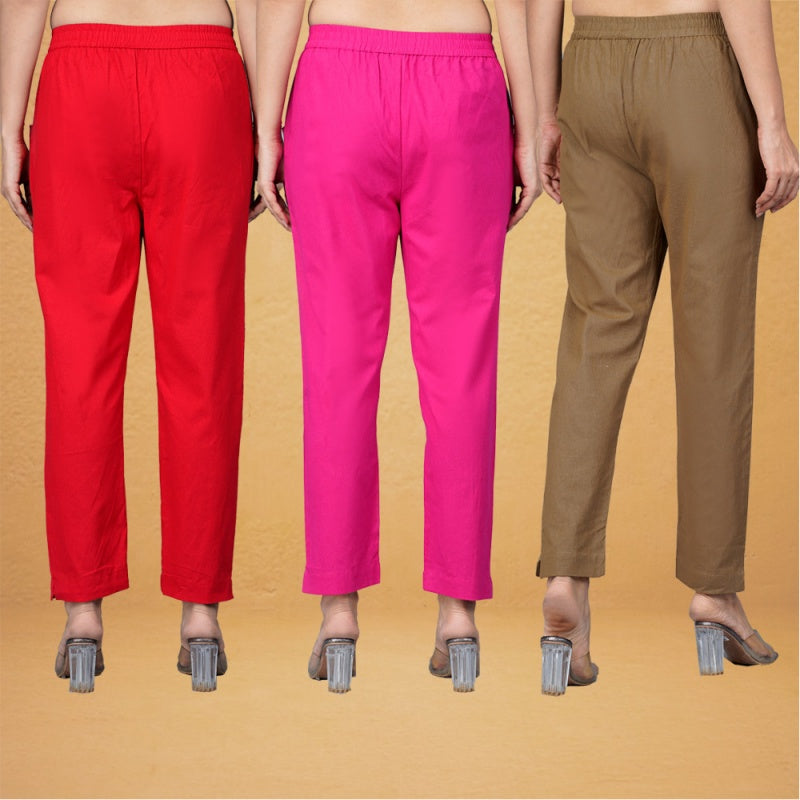 Combo of 3 Cotton Brown Pink and Red Women Regular Fit Solid Trousers-43421
