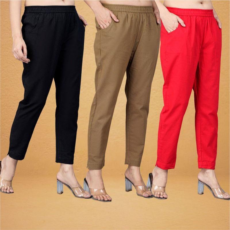 Combo of 3 Cotton Gray Bottle Green and Black Women Regular Fit Solid Trousers-43243