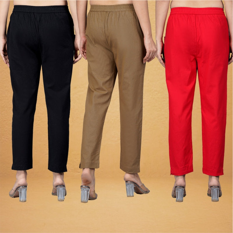 Combo of 3 Cotton Gray Bottle Green and Black Women Regular Fit Solid Trousers-43243