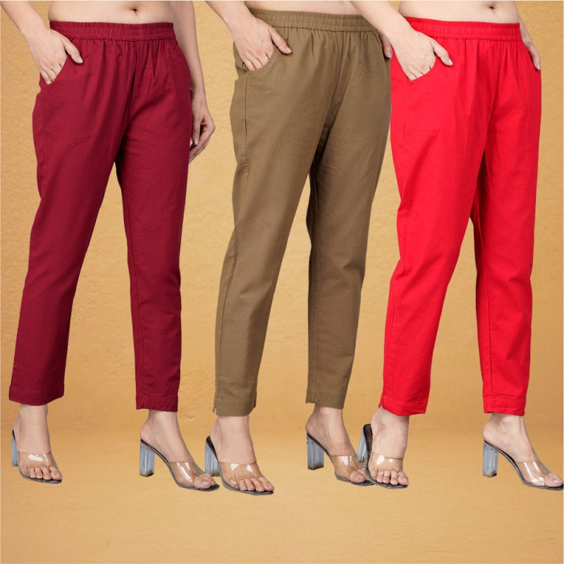 Combo of 3 Cotton Brown Red and Maroon Women Regular Fit Solid Trousers-43392