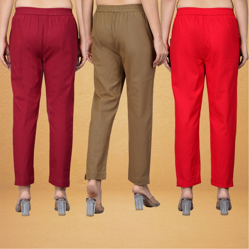 Combo of 3 Cotton Brown Red and Maroon Women Regular Fit Solid Trousers-43392