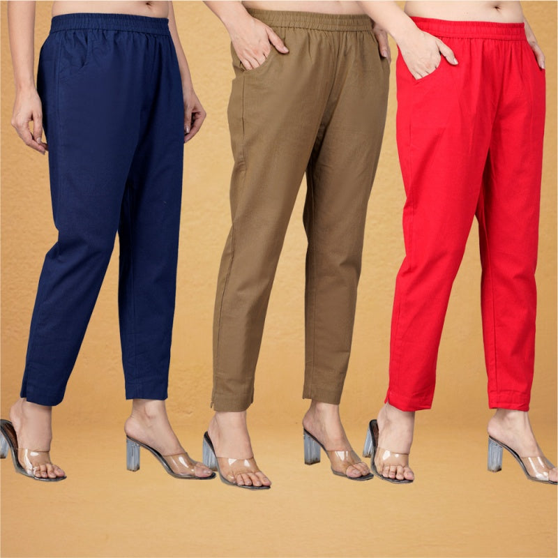 Combo of 3 Cotton Brown Red and Navy Blue Women Regular Fit Solid Trousers-43307