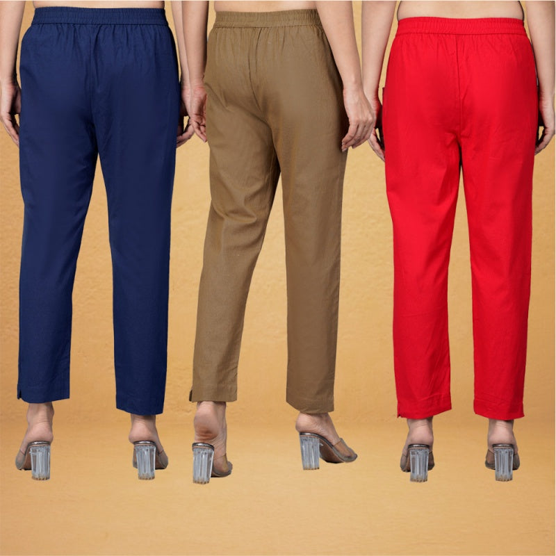Combo of 3 Cotton Brown Red and Navy Blue Women Regular Fit Solid Trousers-43307