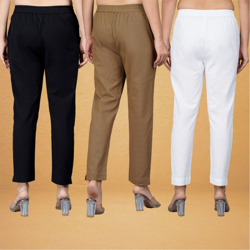 Combo of 3 Cotton Brown White and Black Women Regular Fit Solid Trousers-43269