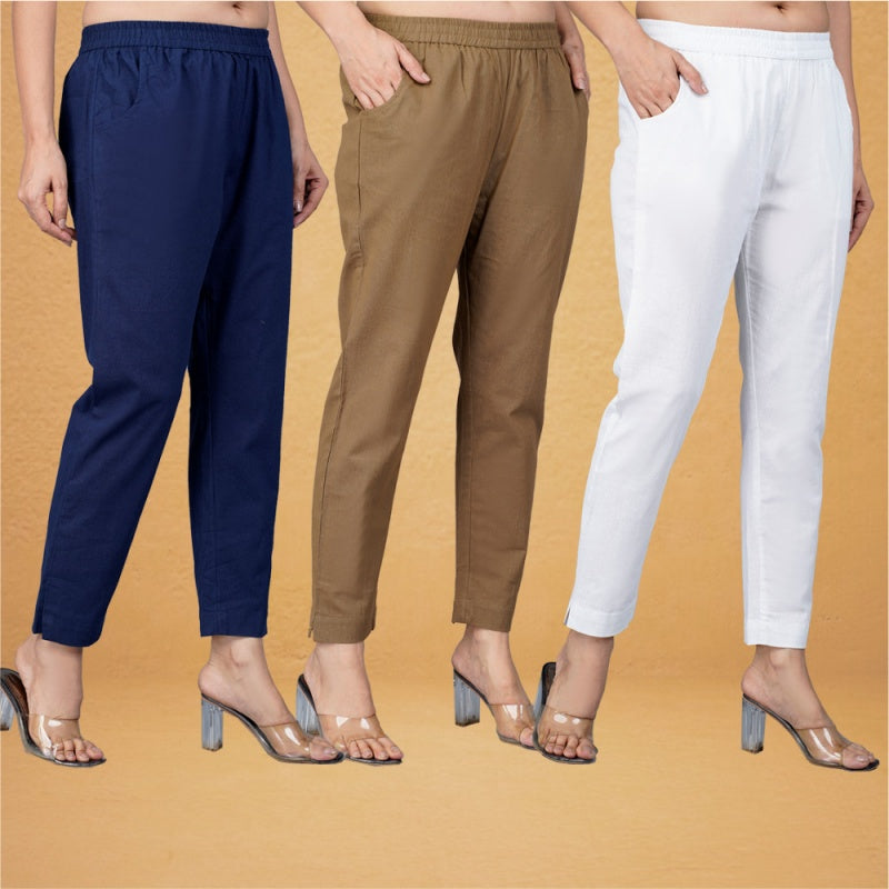 Combo of 3 Cotton Brown White and Navy Blue Women Regular Fit Solid Trousers-43314