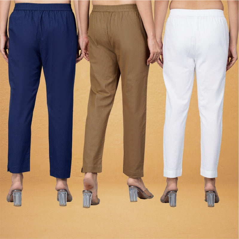 Combo of 3 Cotton Brown White and Navy Blue Women Regular Fit Solid Trousers-43314