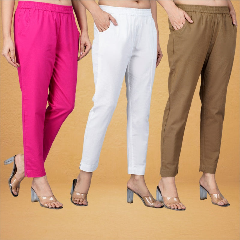 Combo of 3 Cotton Brown White and Pink Women Regular Fit Solid Trousers-43430