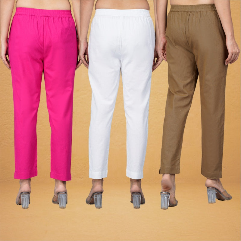 Combo of 3 Cotton Brown White and Pink Women Regular Fit Solid Trousers-43430